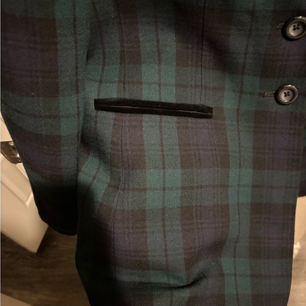 Vintage Le Suit Women's Navy and Green Tartan Blazer Size 10 - Picture 4 of 5